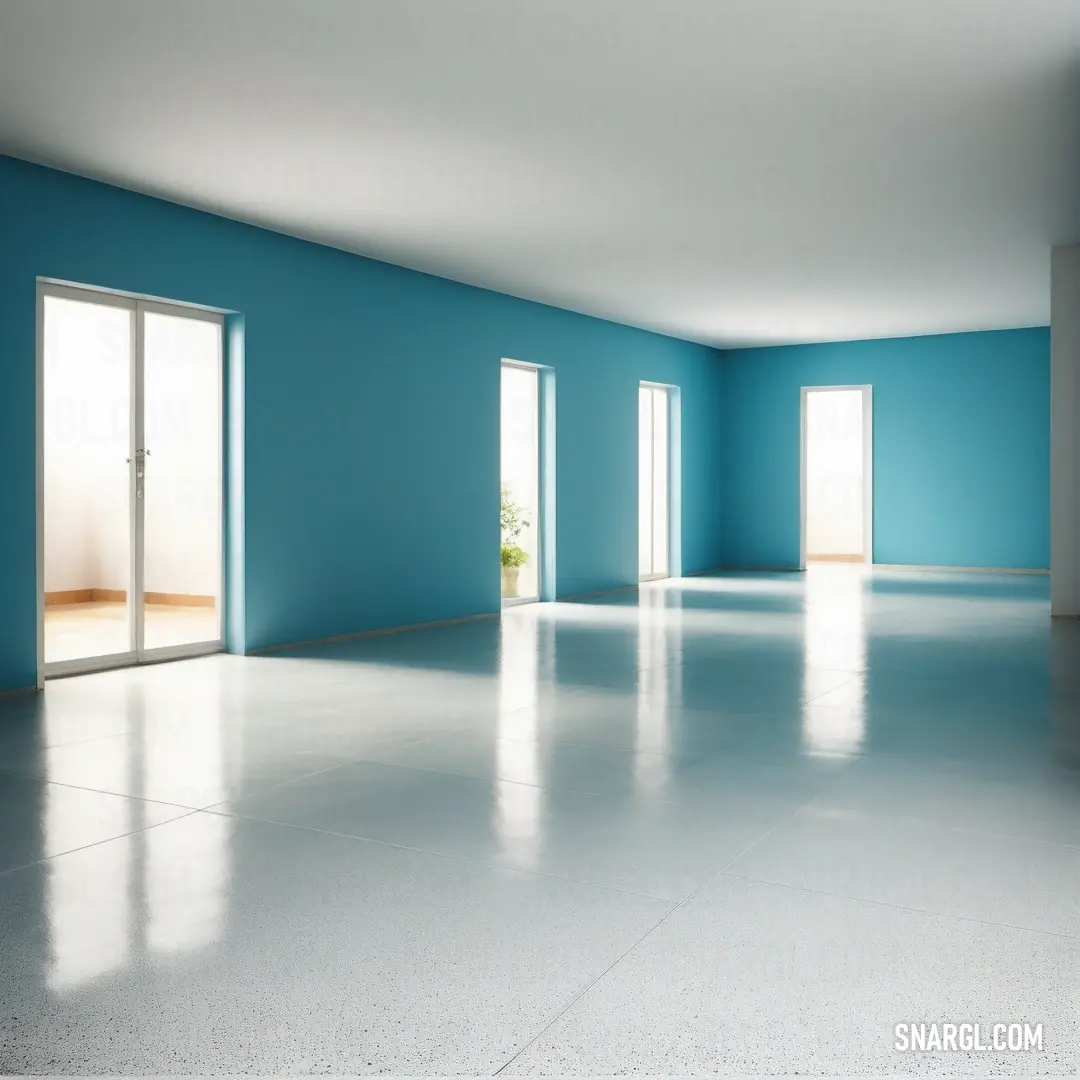 A spacious room with a blue wall and a clean white floor. A door leads to another room, with a plant gently resting beside it. The mood is further set by the color palette of CMYK 84,12,25,50.