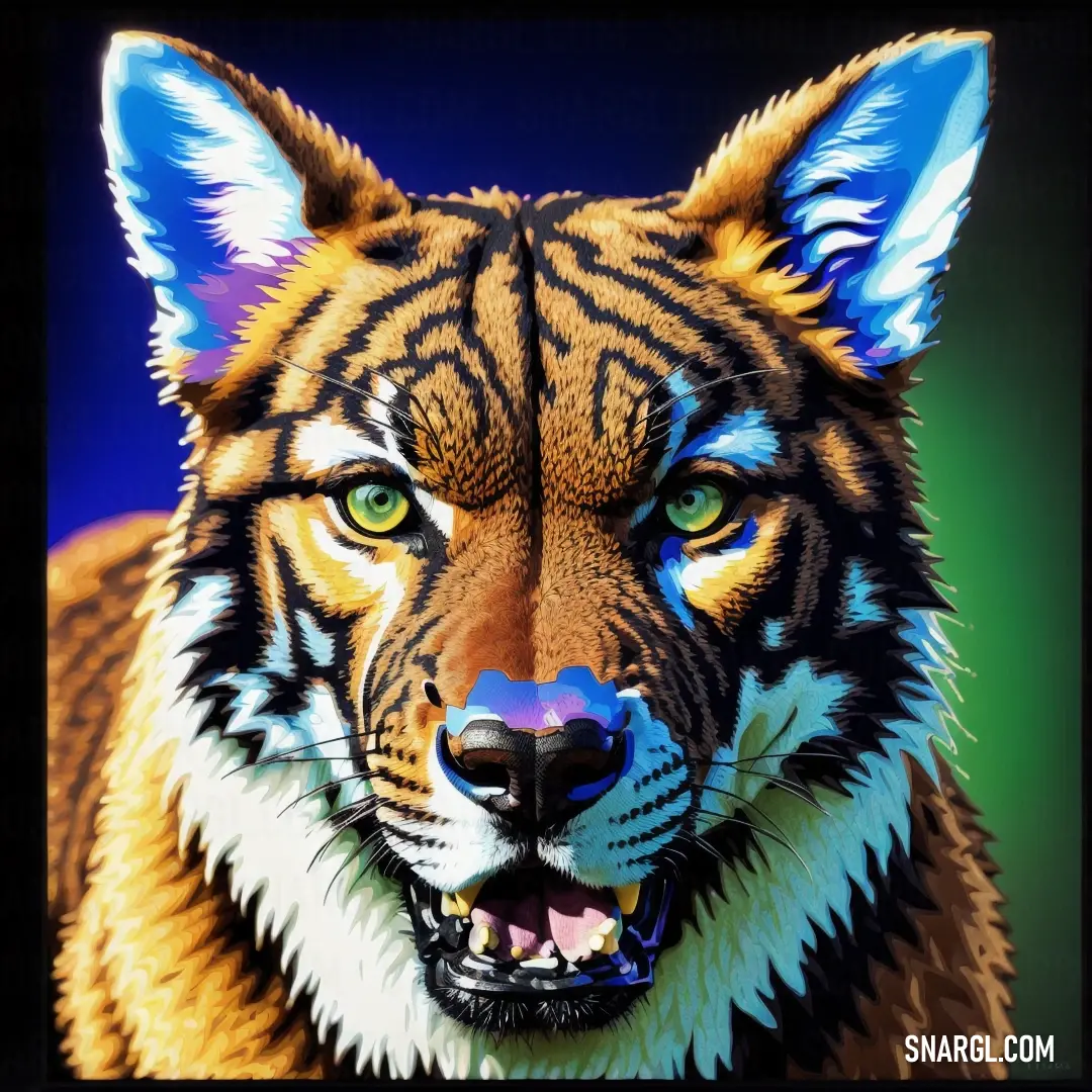 A striking image of a tiger with vibrant blue and yellow markings, set against a dark, mysterious background. The bold contrast between the tiger’s face and the black backdrop creates a dramatic and mesmerizing effect.