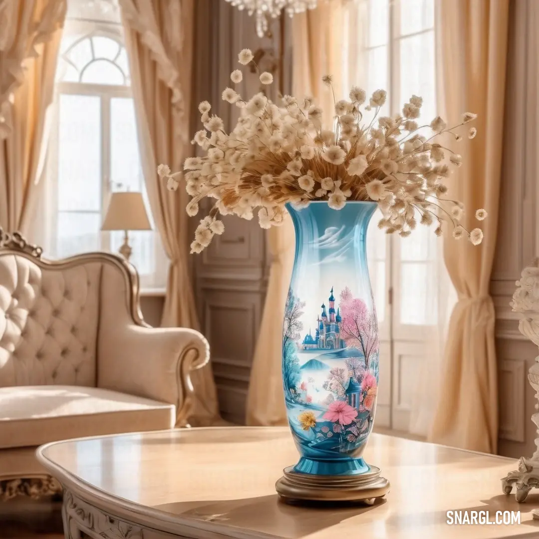 A floral vase with a colorful bouquet sits on a table in a cozy room, the background featuring a soft couch. The vivid colors of the flowers add a refreshing burst of life to the room’s calm, comfortable ambiance.