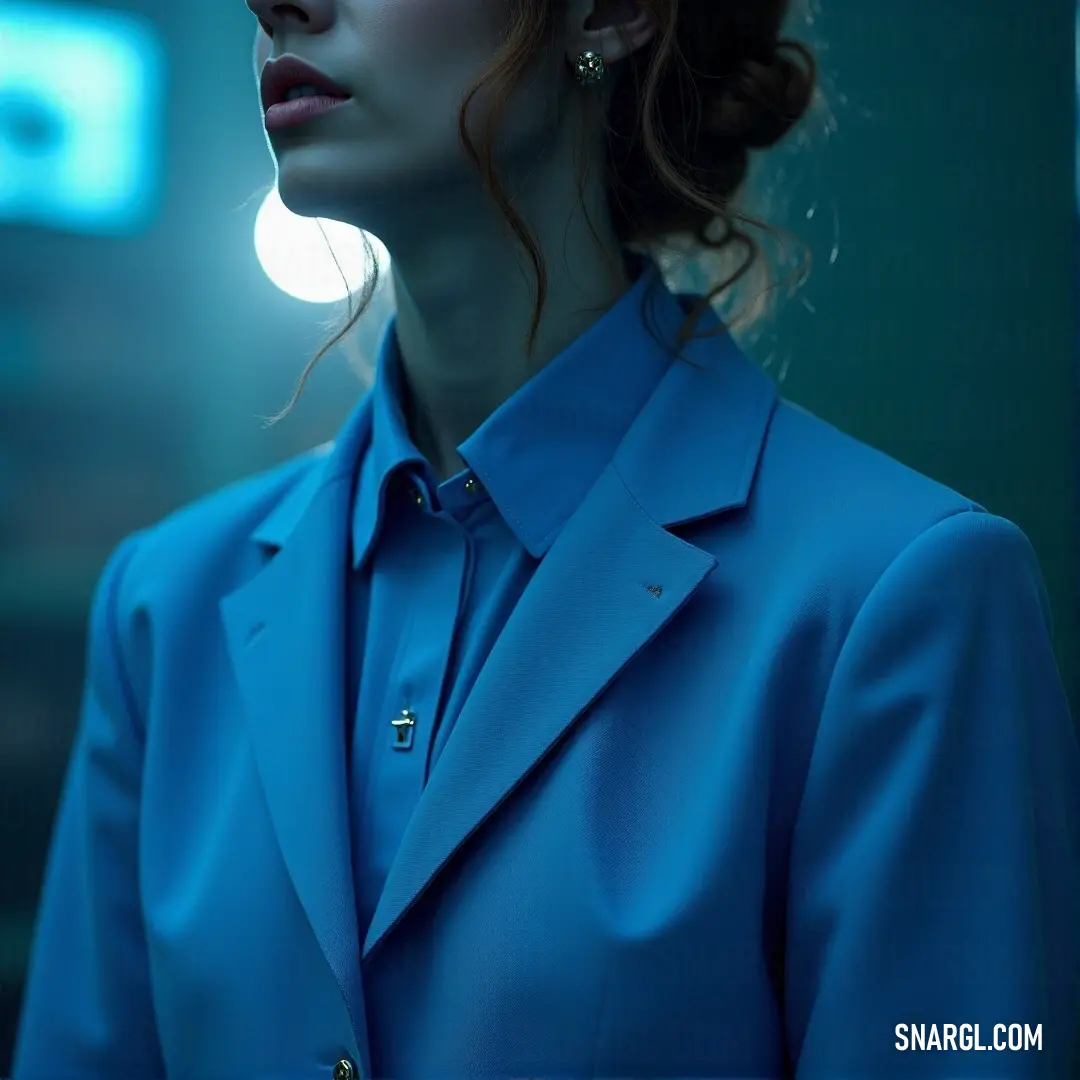 A professional woman in a structured blue suit is framed against a striking blue light. The sleek urban setting, complete with an eye-catching sign reading 