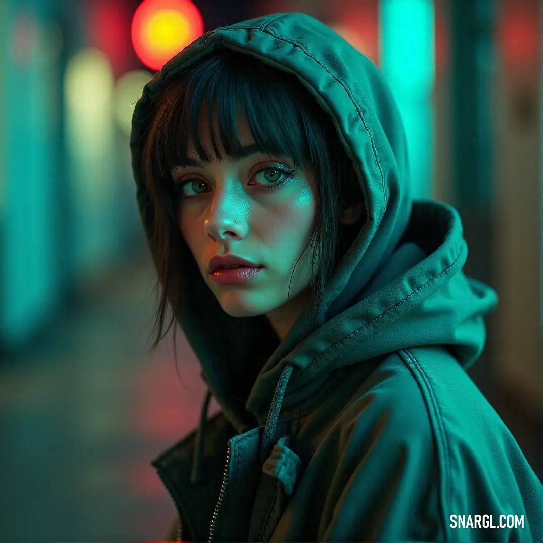 A woman in a vibrant green hoodie stands confidently on a street corner at night, illuminated by the glow of a traffic light. The scene captures the essence of the RAL 680-3 color amidst the enchanting city night.