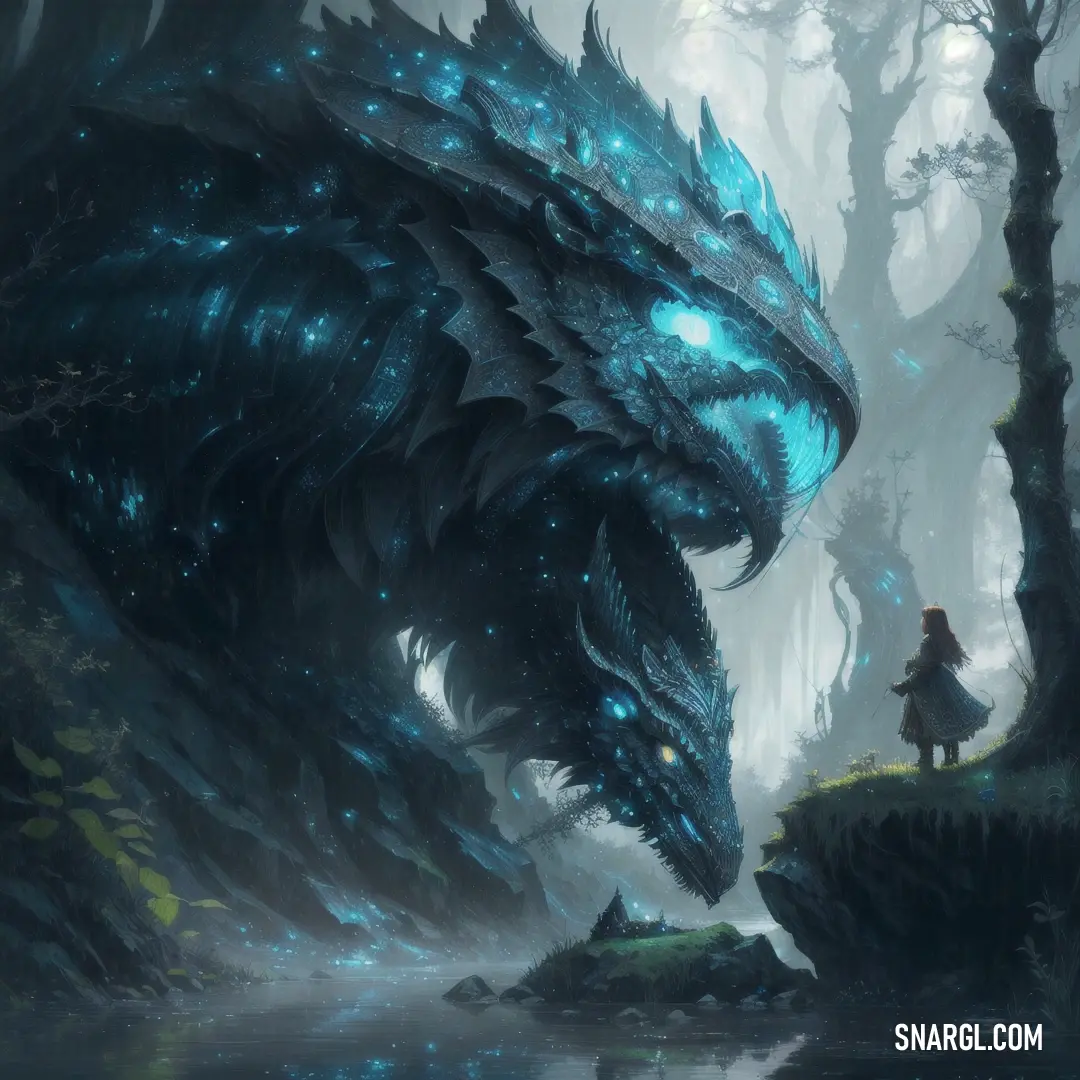 A woman stands beside a giant dragon in a serene forest, with a reflective lake before her. The lush trees and calm waters amplify the majesty of the dragon and the powerful bond between the two in this fantastical scene.