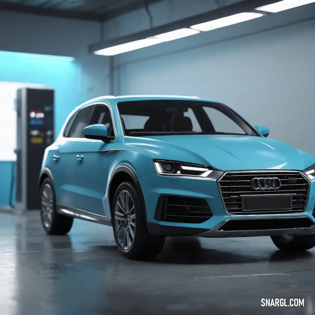 Blue car parked in a garage next to a gas pump and a gas pump box with a blue light. Color #4FBFD2.