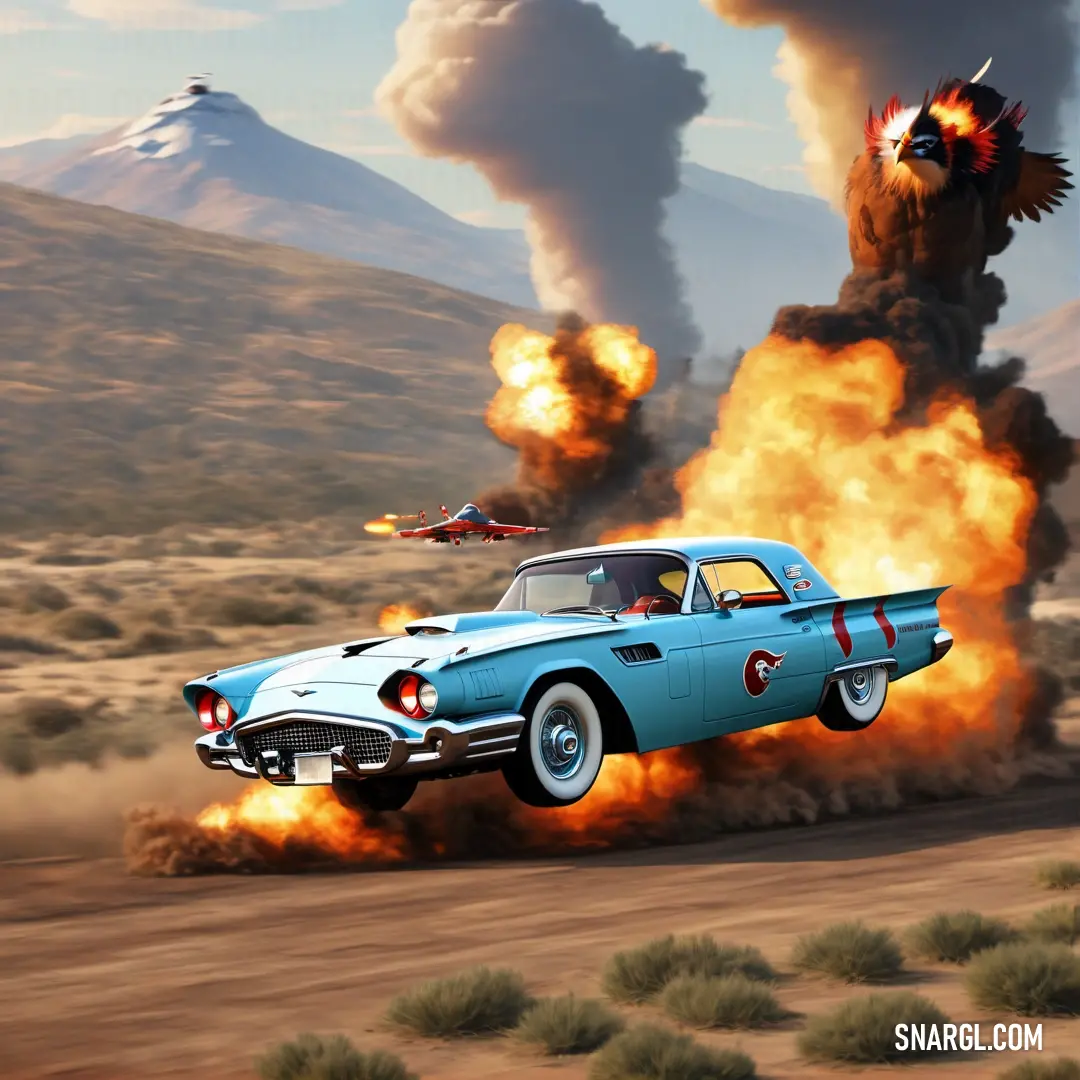 RAL 690-1 color example: Car is in the air with a lot of fire coming out of it