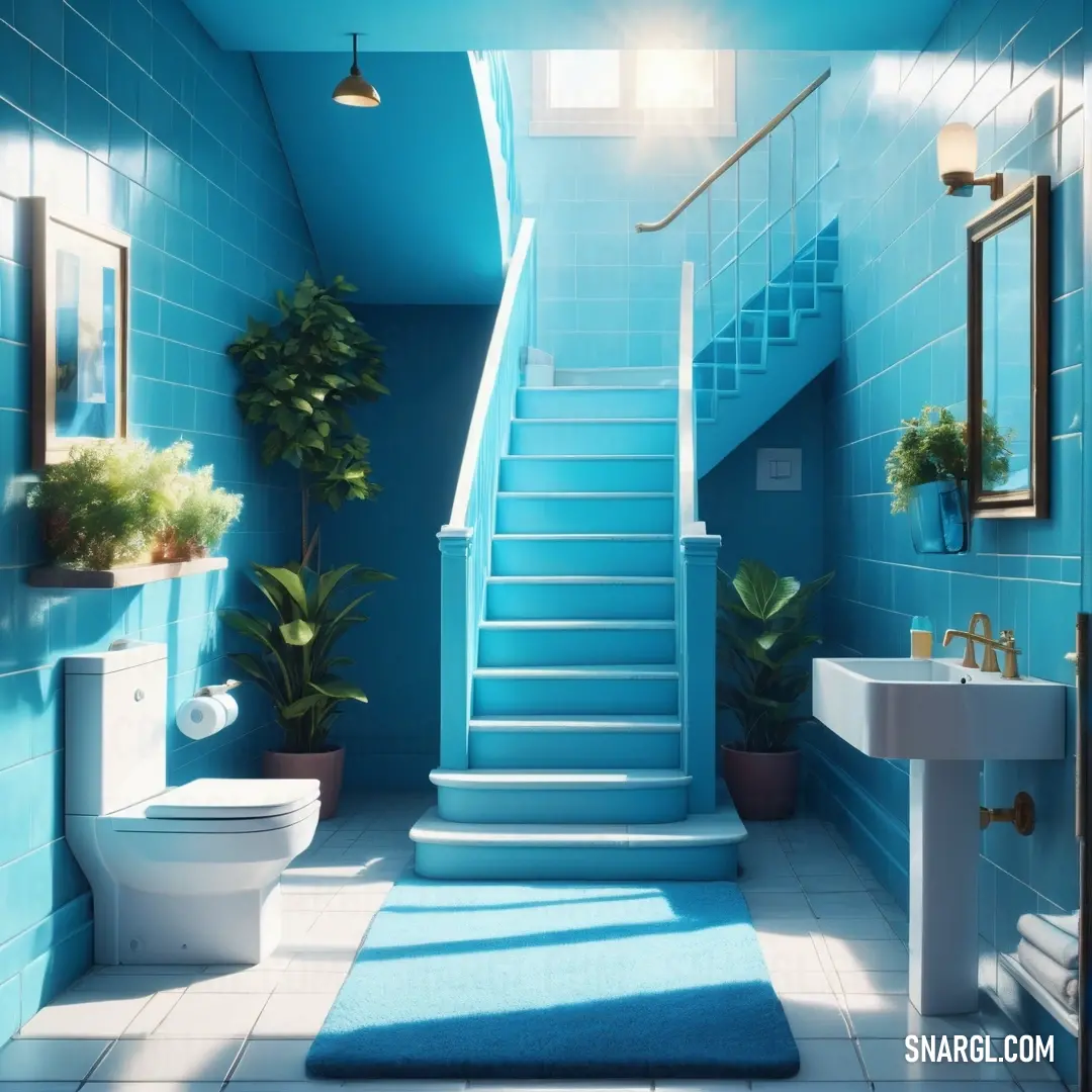 Bathroom with a blue wall and a white toilet and sink and a blue rug on the floor and a blue stair case. Color RGB 79,191,210.