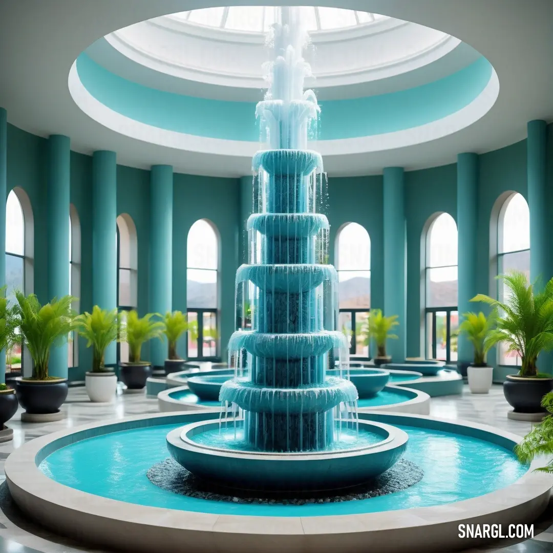Large fountain in a large room with windows and a skylight above it is surrounded by potted plants. Color CMYK 70,0,21,0.
