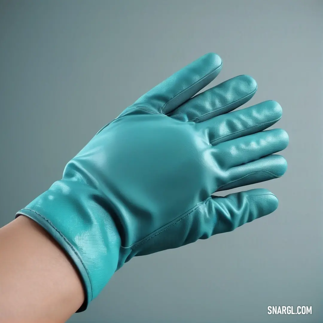 Person wearing a blue glove with a green wrist and a hand. Color #4FBFD2.