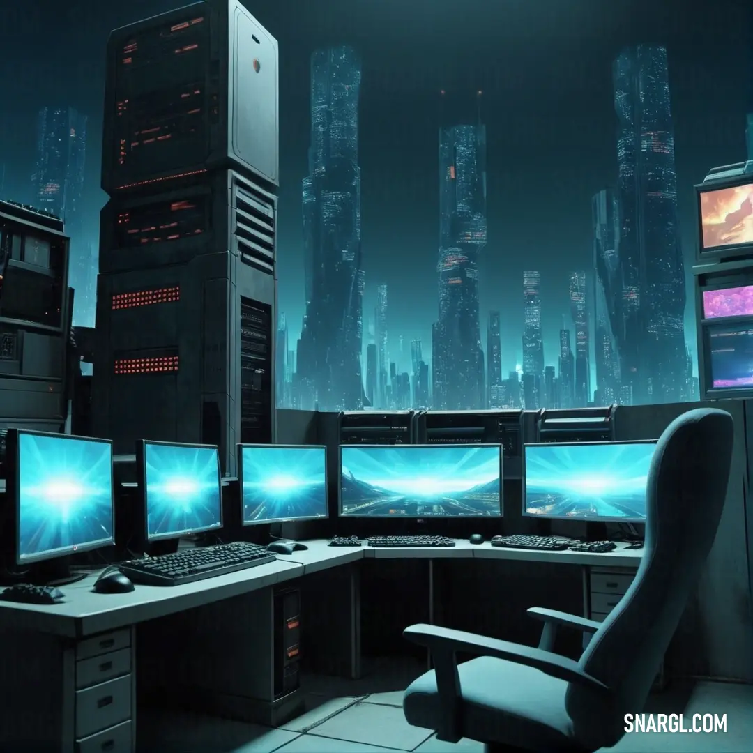 Room with multiple computer monitors and a chair in it with a city in the background. Example of RAL 690-1 color.