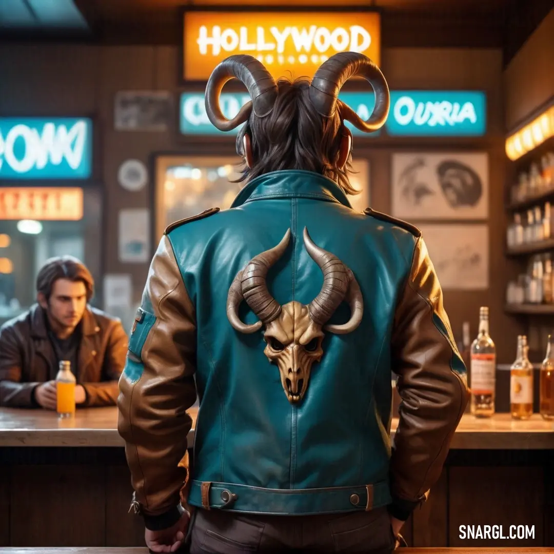 Man in a leather jacket with horns on his head is at a bar. Color CMYK 100,12,50,50.
