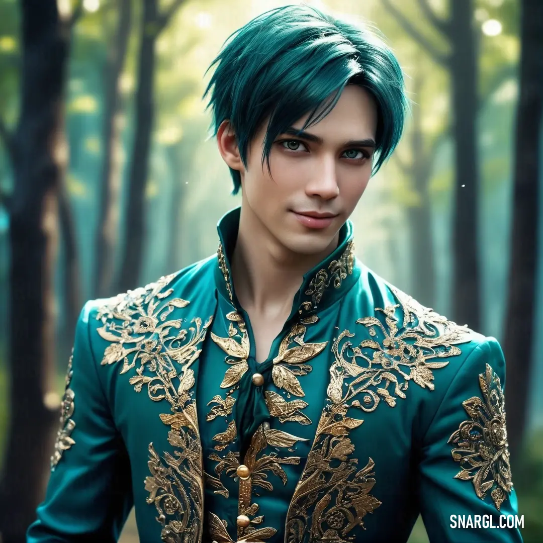 Man with green hair and a green jacket in a forest with trees and leaves on it's chest. Example of #00687C color.