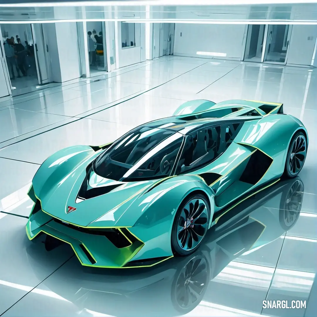 Green sports car is parked in a building with a lot of windows on the floor and a man standing in the background