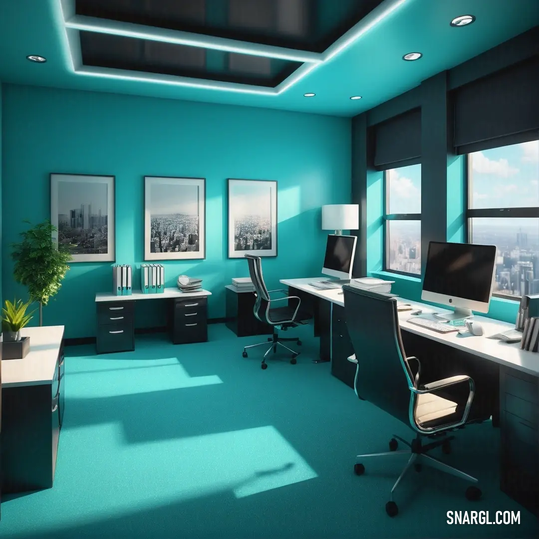 RAL 710-2 color. Room with a desk, computer and a chair in it with a view of the city outside