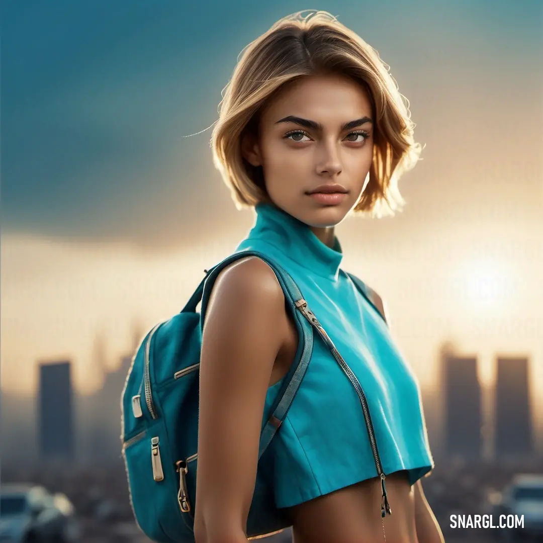 RAL 710-2 color. Woman with a blue top and a backpack on her shoulder is standing in front of a cityscape