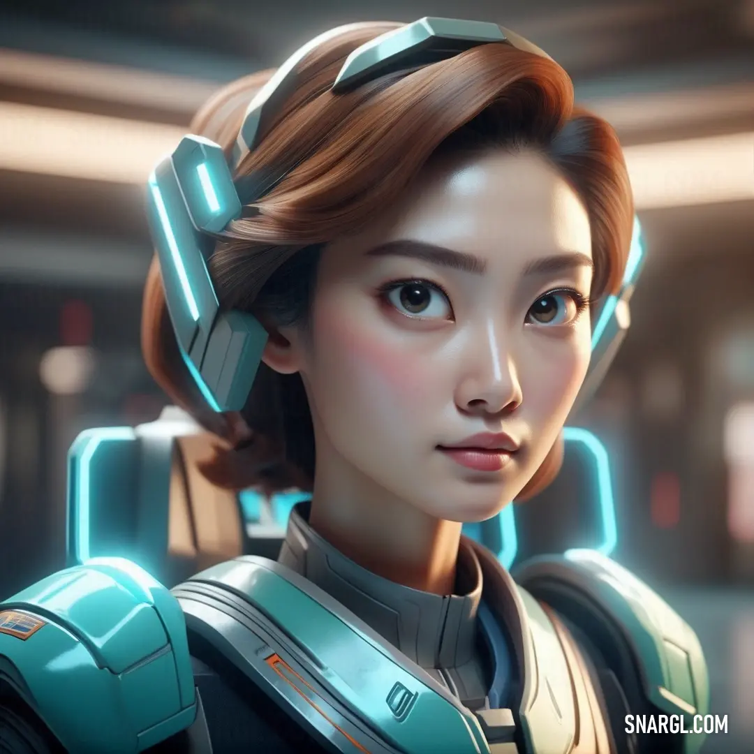 Woman with a sci - fi hairdo in a futuristic setting. Example of RGB 35,80,80 color.