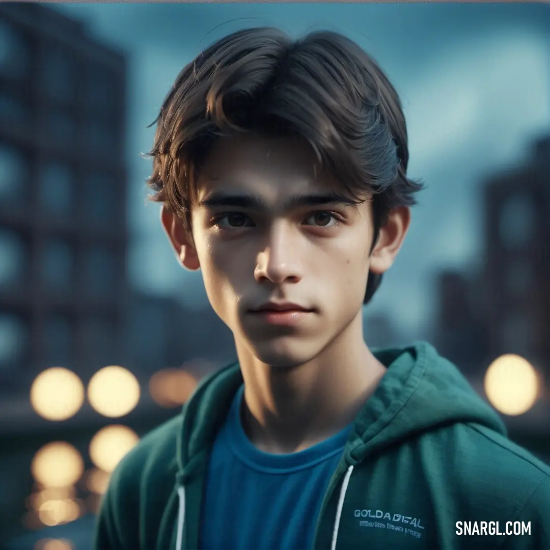 RAL 710-6 color example: Young man in a green hoodie is staring at the camera with a city in the background