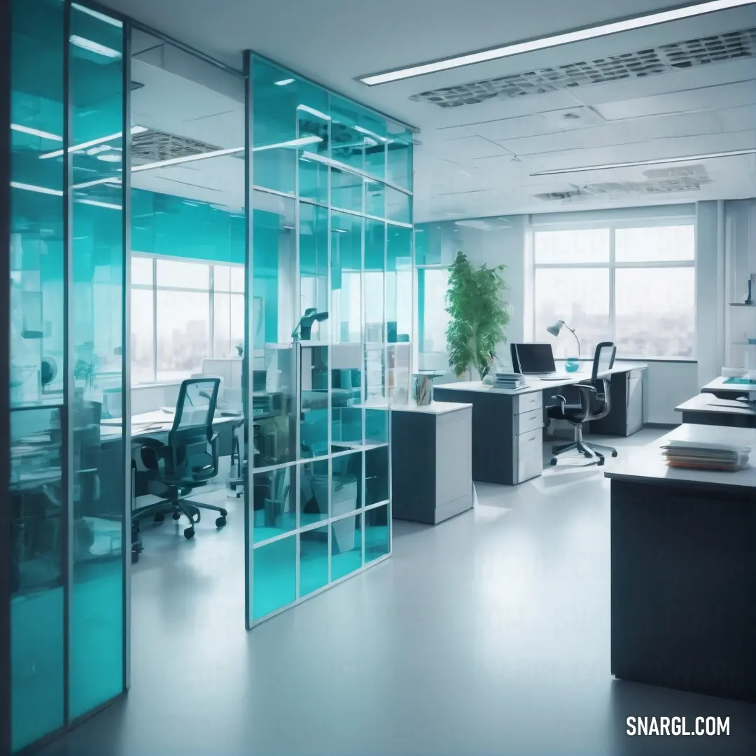 Glass walled office with a desk and chair in the center of the room and a plant in the corner. Color CMYK 100,21,60,30.