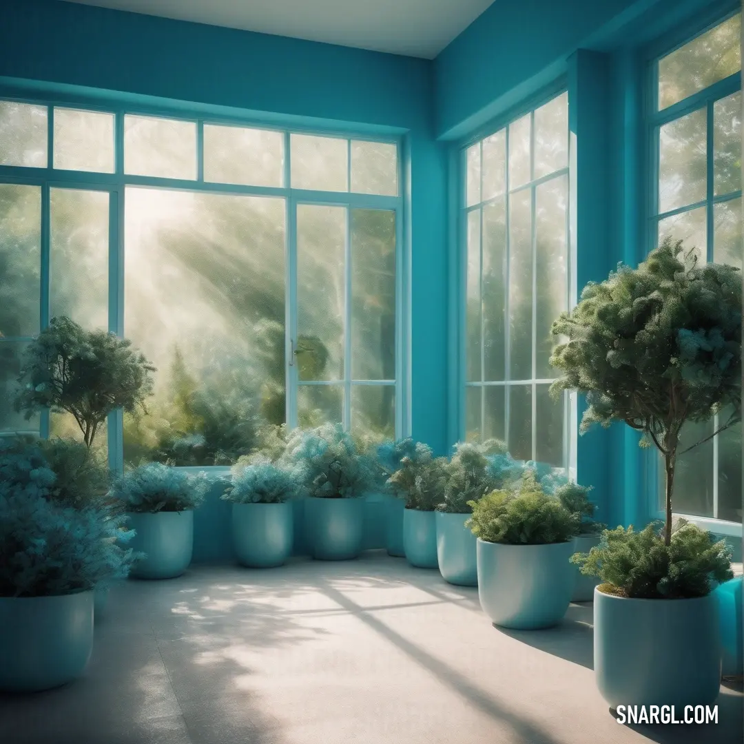 Room with a lot of windows and plants in it and a sun shining through the window on the wall. Color #006E7A.