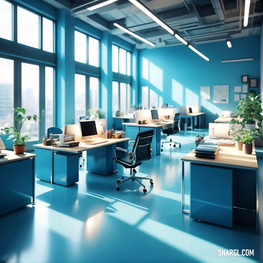 Room with a lot of desks and a plant in it and a big window in the background. Example of CMYK 100,21,60,30 color.