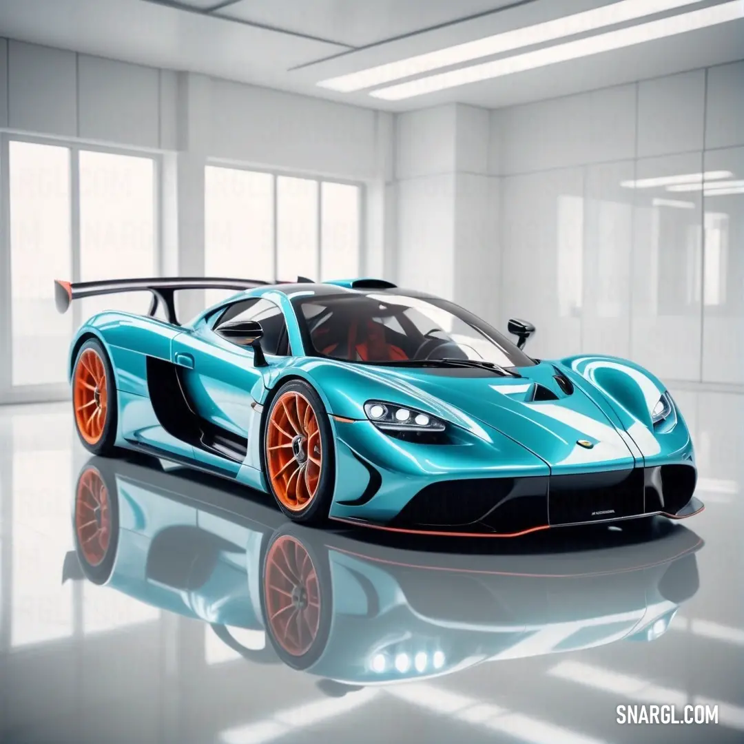 Blue and orange sports car in a white room with windows and a floor to ceiling window behind it. Color RAL 720-M.