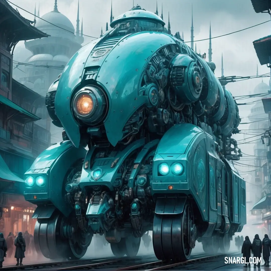 Futuristic vehicle with a giant body of machinery on its back in a city street with people walking around. Color RAL 720-M.