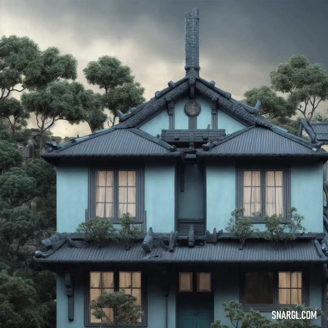 Blue house with a black roof and a green door and window with a cloudy sky behind it and trees. Example of #7AB0B3 color.