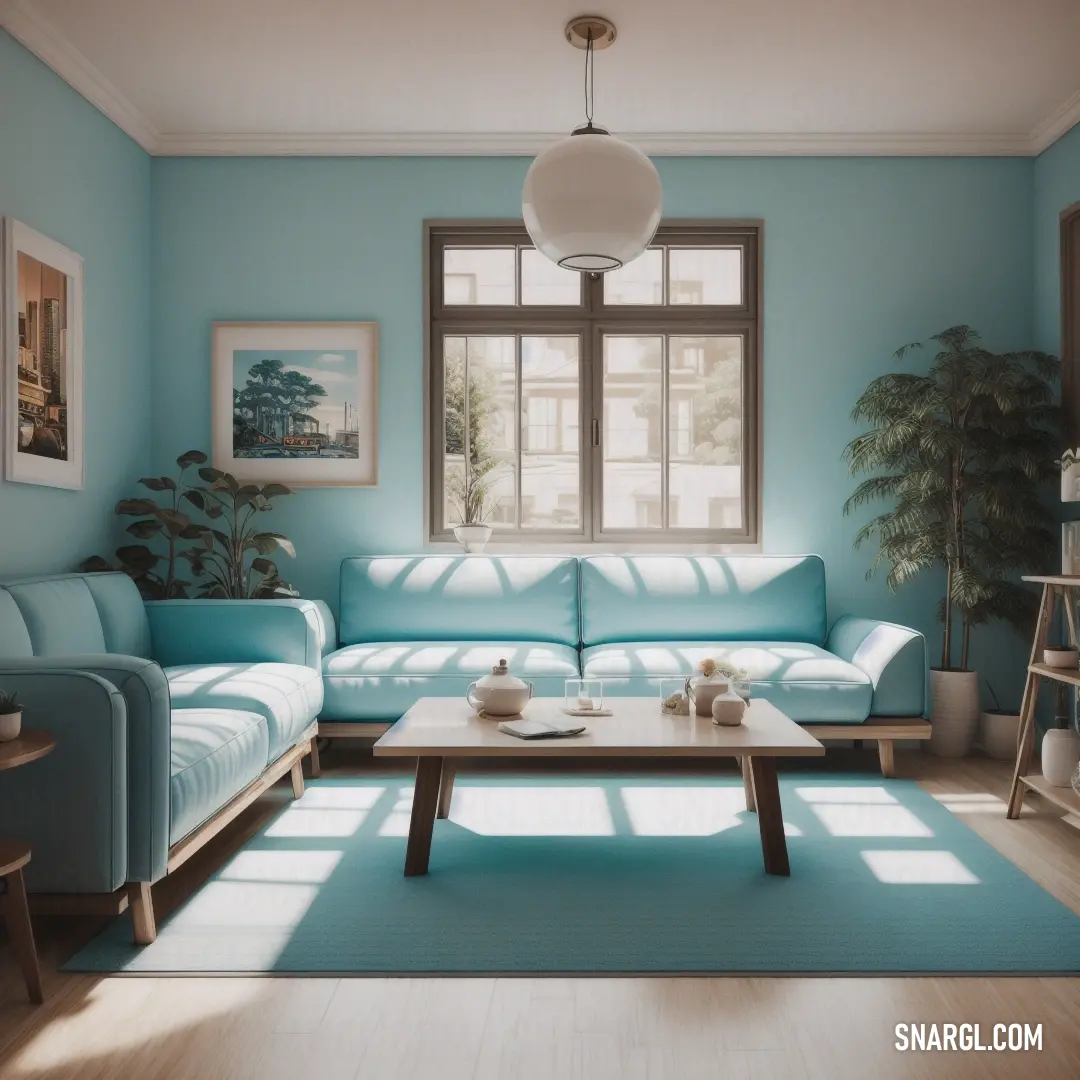 Living room with a blue couch and a coffee table in it and a window with a view of the city. Color RAL 730-5.