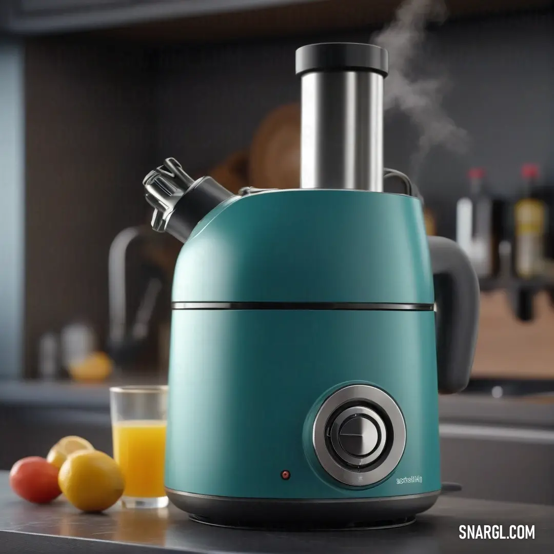 A sleek blue blender sits atop a kitchen counter next to a refreshing glass of orange juice and an inviting bowl of assorted fruits. The bright colors radiate a sense of healthy living and culinary delight in a contemporary kitchen setting.