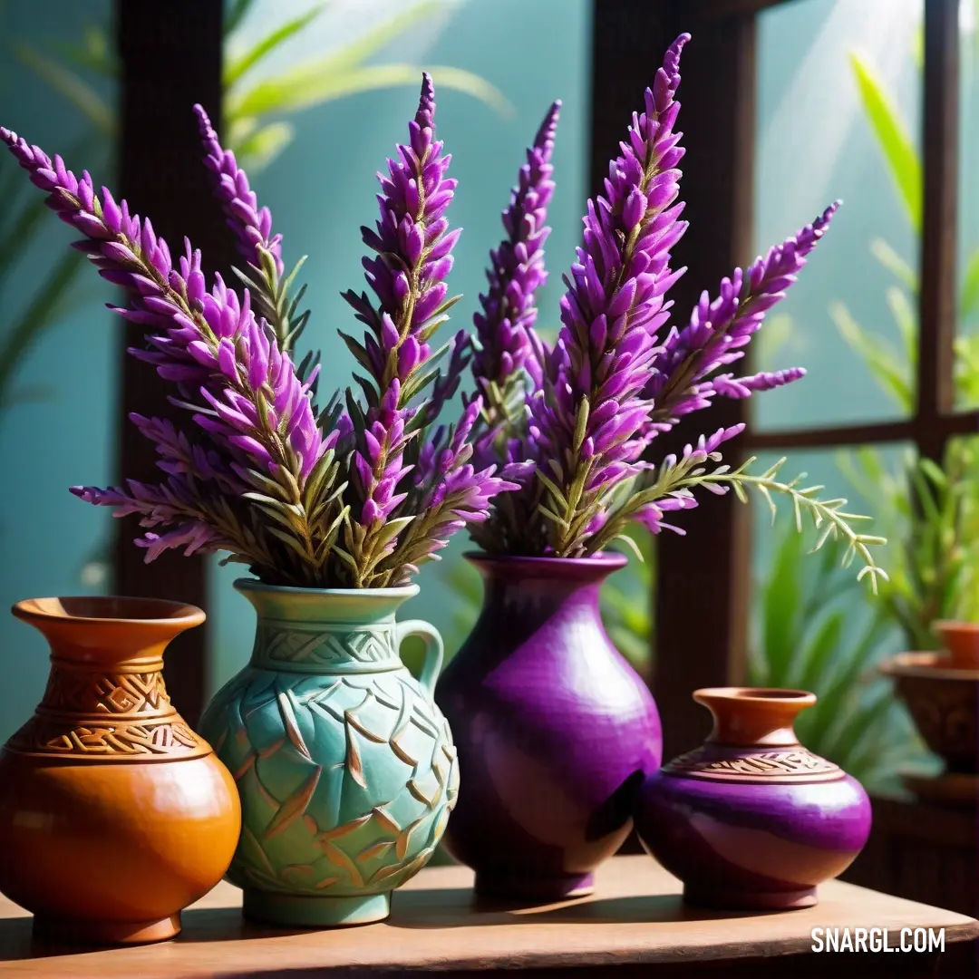 A collection of vases with vibrant flowers rests on a table near a window sill, where plants add to the natural beauty of the scene. The gentle green hue of #6CAA9E brings a fresh and lively feel to the environment.