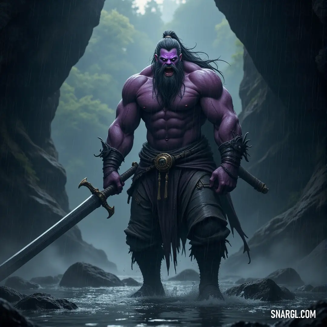 A lone man with a striking purple mask stands bravely, sword drawn, amidst towering rocky formations and a cascading waterfall, surrounded by the mist and majesty of a shadowy cave.