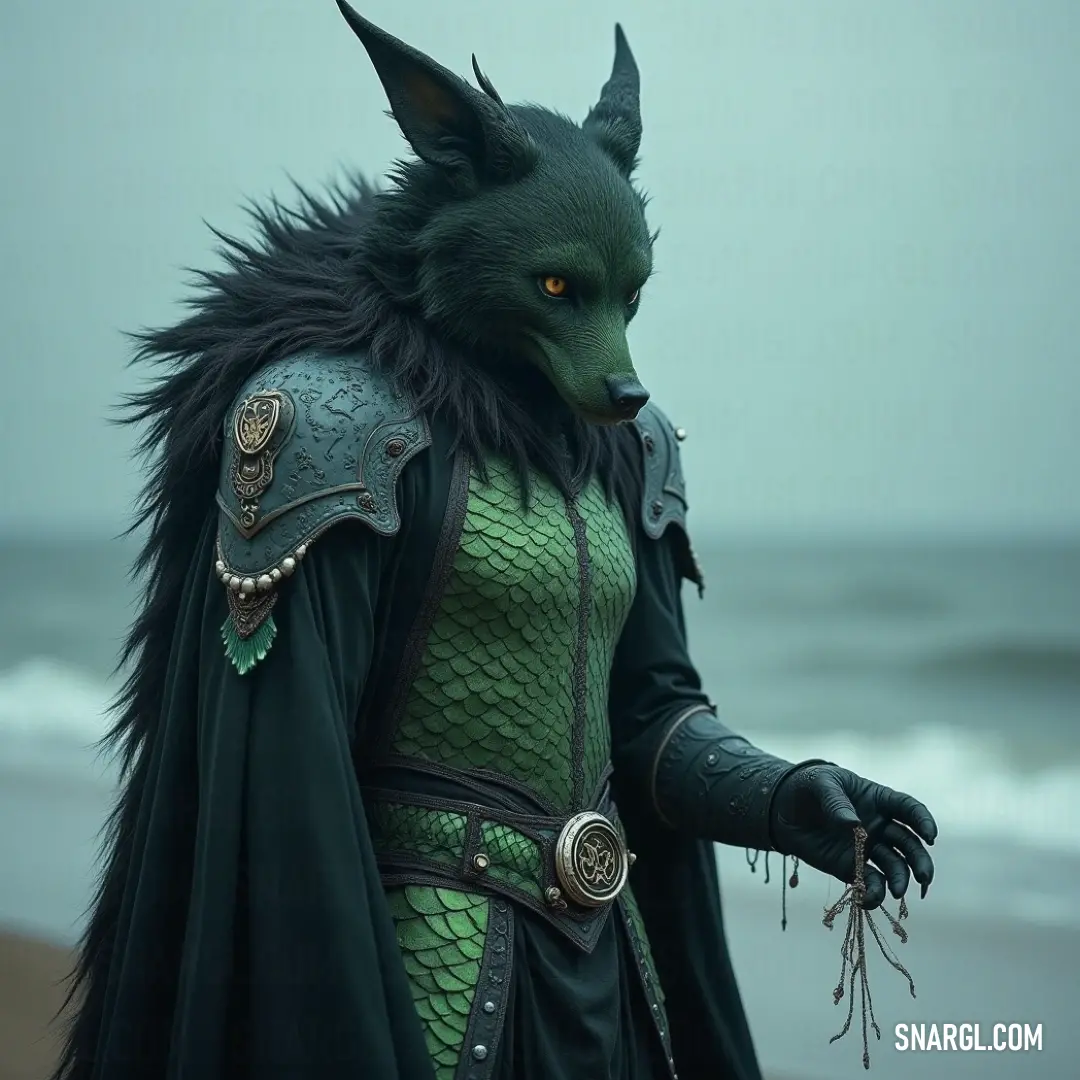 A man adorned in a vibrant green costume and wolf mask stands confidently on the beach, where the ocean waves crash softly. His striking presence evokes a sense of adventure mixed with enchanting storytelling.