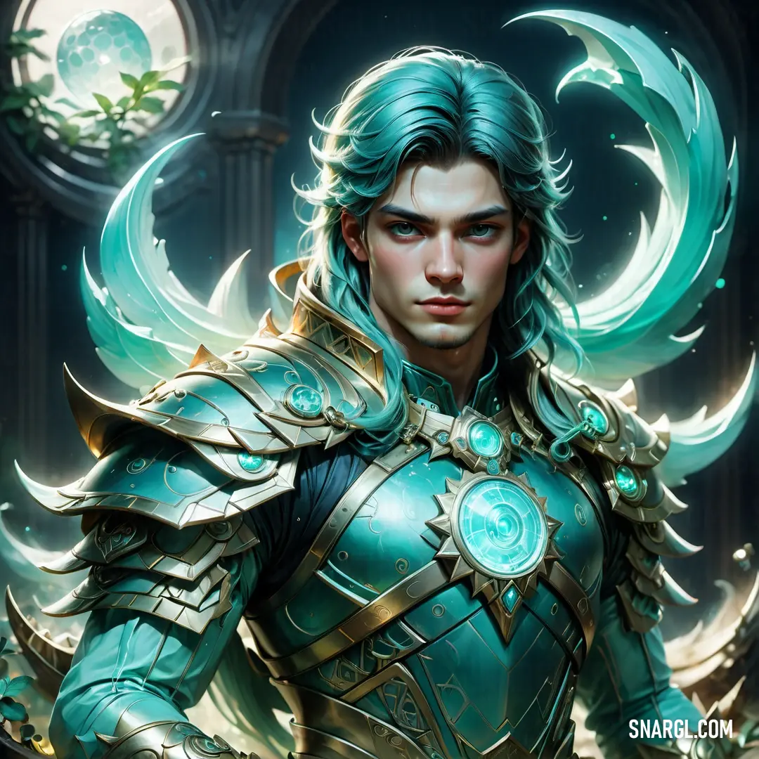 A man in intricate armor with striking blue hair and a matching blue beard, paired with vibrant green accents, exudes a bold and unique character with a fascinating blend of color.