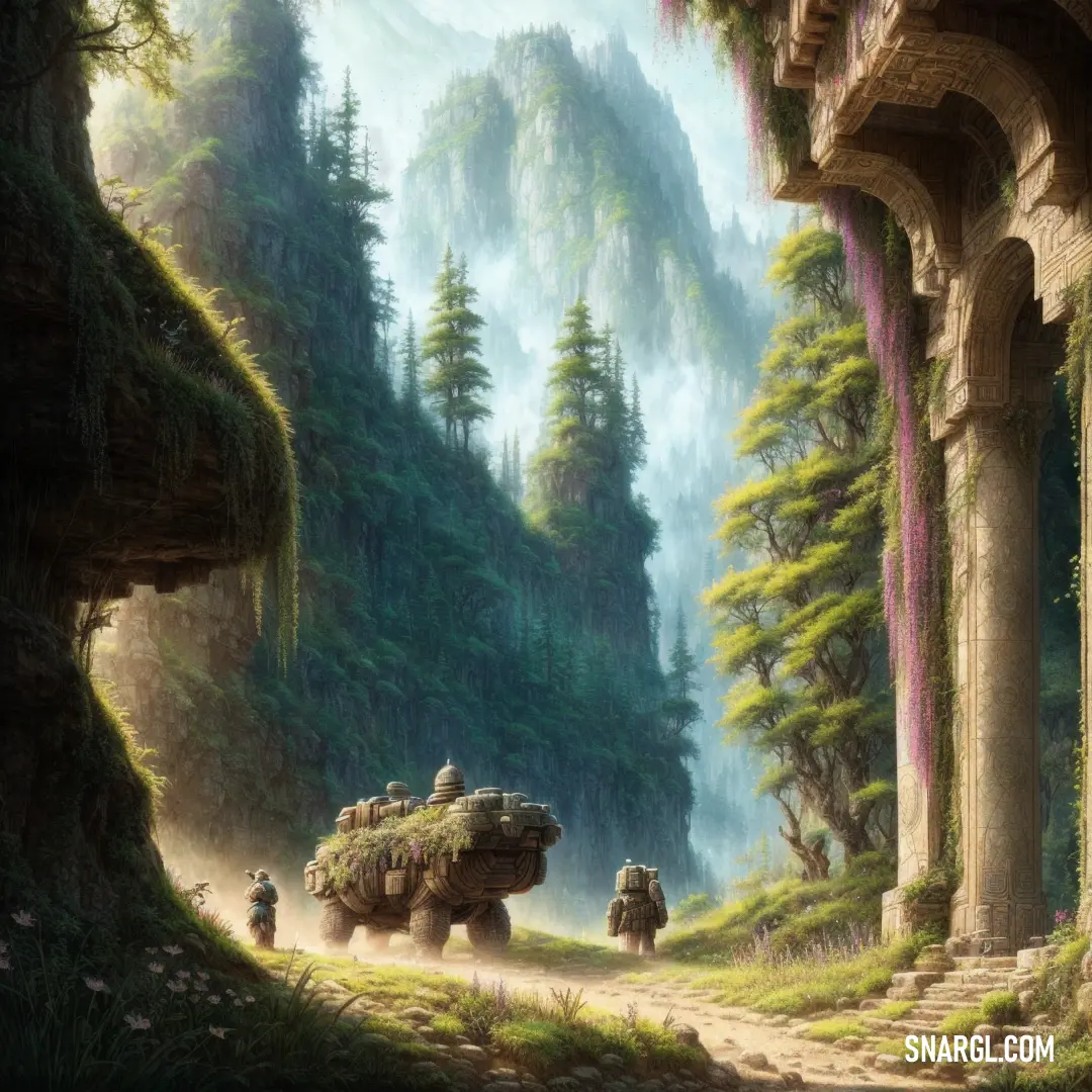 A captivating painting depicts a group of travelers walking along a winding path through a forest, with a train mysteriously balanced on the back of one of them. The warm, earthy tones of the image are perfectly complemented by the inviting color of #6CAA