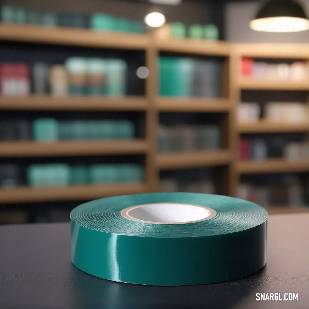 A roll of tape sits atop a table in a cozy library, surrounded by bookshelves filled with literature. The soft, warm lighting and the orderly surroundings create a comfortable, peaceful atmosphere.