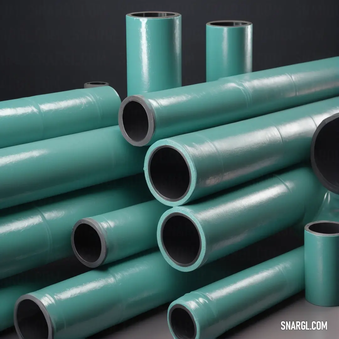 A stack of green pipes rests on a table, set against a black backdrop. The deep green tones of the pipes contrast sharply with the stark black, creating a visually striking image of industrial simplicity.