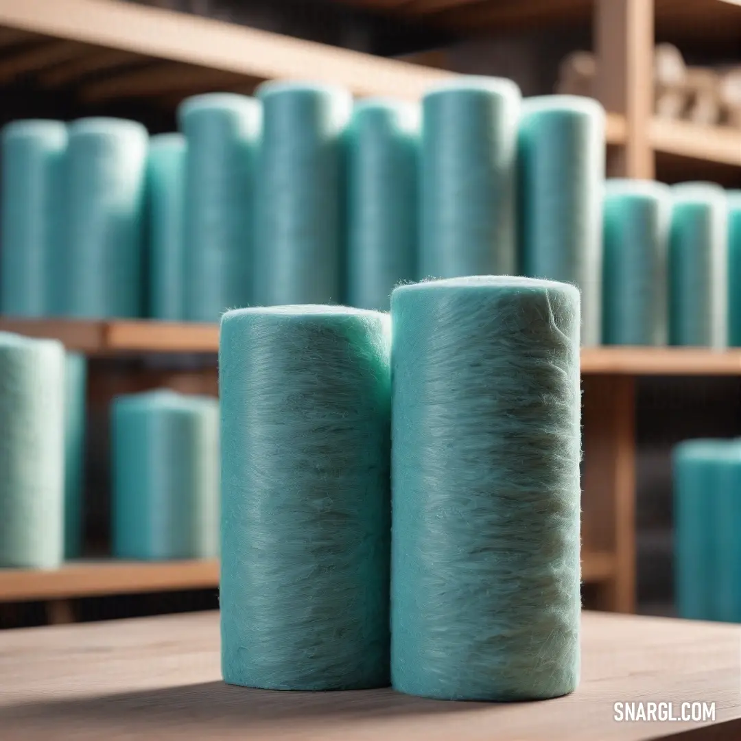 Two soft, vibrant blue rolls of toilet paper placed on a rustic wooden table. The scene is set in a well-stocked store, with shelves filled with various toiletries and household products, creating a cozy and practical atmosphere. The color resembles a soo