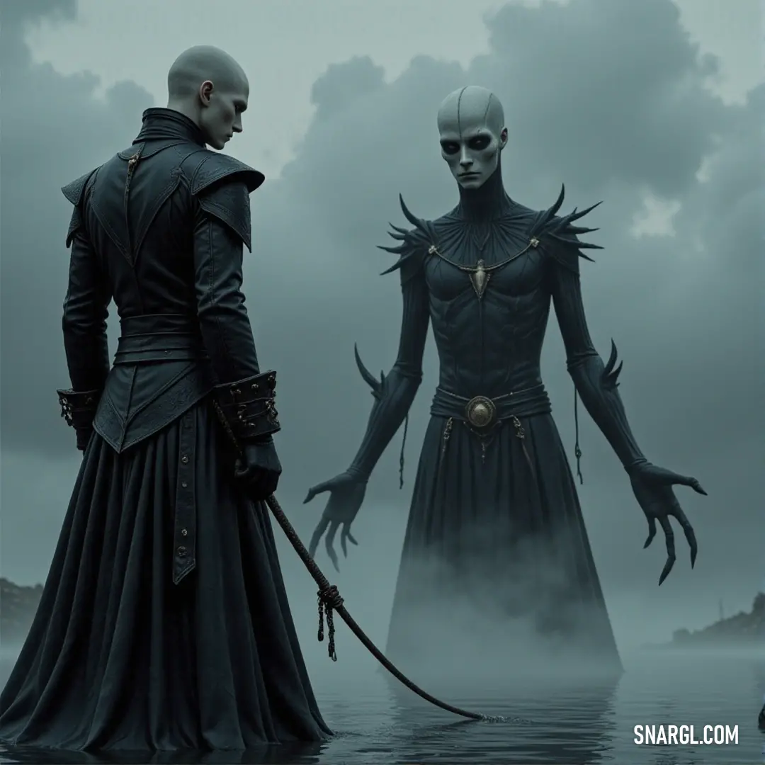 A dramatic scene featuring two figures clad in striking black attire, standing waist-deep in water, gripping their swords tightly as ominous shadows loom in the backdrop, creating an eerie yet captivating atmosphere.