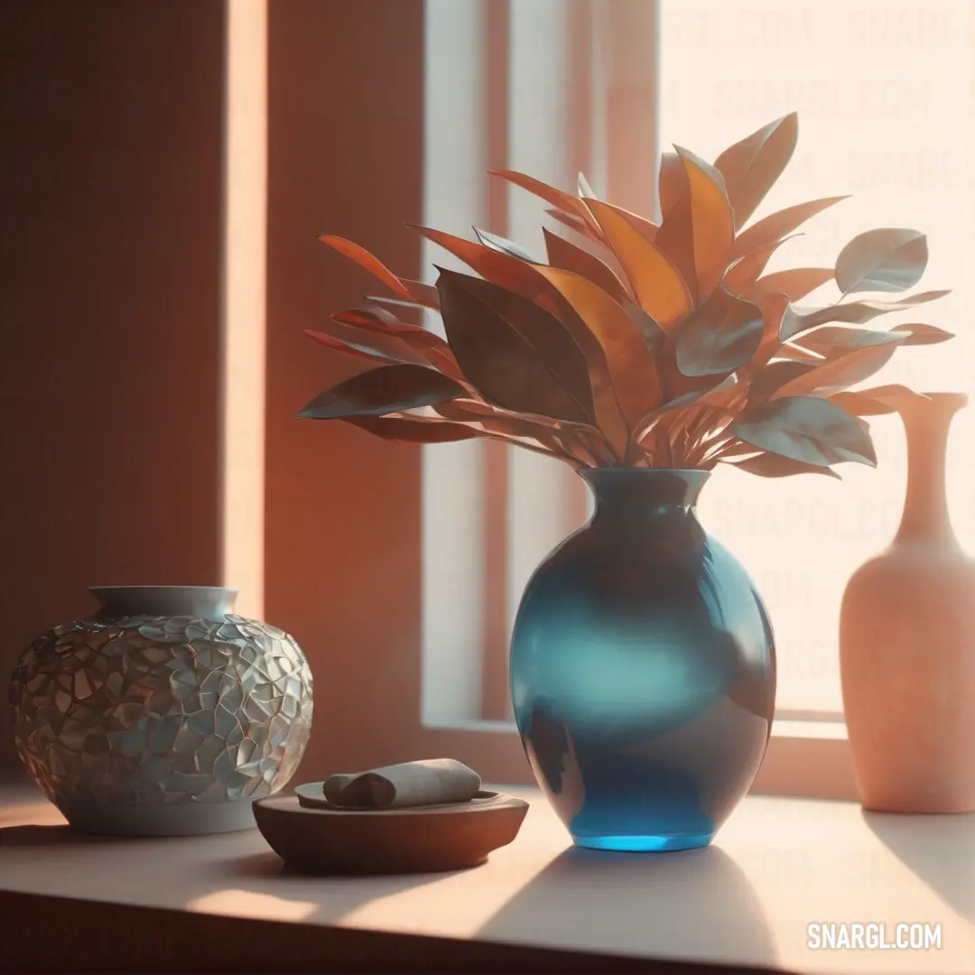 A simple yet elegant vase filled with a plant sits atop a table next to a bowl of smooth stones. The warm RAL 730-M color highlights the tranquility of the scene, offering a moment of calm and reflection.