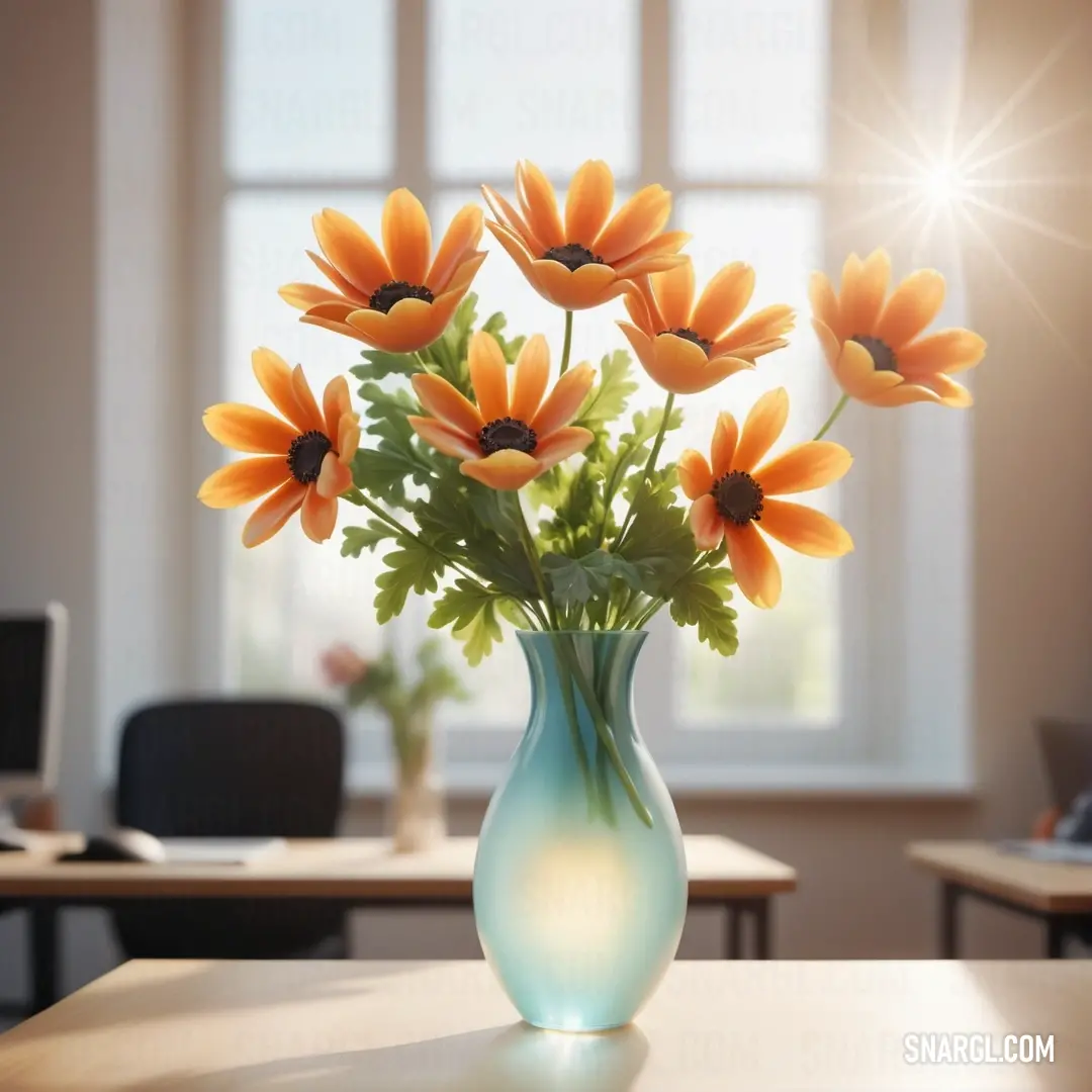 A vase of flowers sits atop a table near a window, with a laptop beside it, creating a balanced mix of natural beauty and modern technology. The RAL 730-M color ties the scene together, evoking a sense of warmth and homeliness.