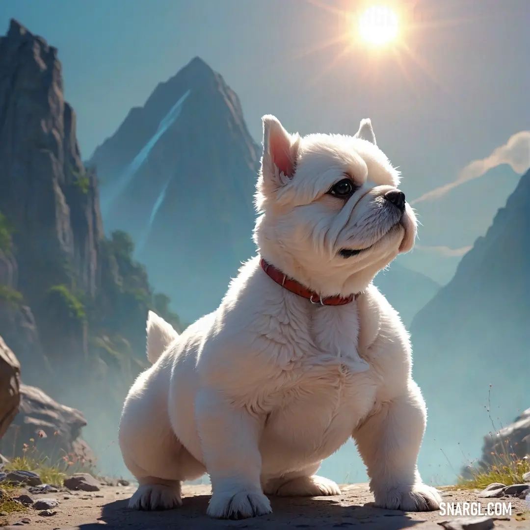 A stunning white dog poses majestically atop a rocky hillside, the majestic mountain range stretching into the sunlit sky. The natural landscape highlights the dog's beauty, embodying the spirit of adventure and freedom in nature's embrace.