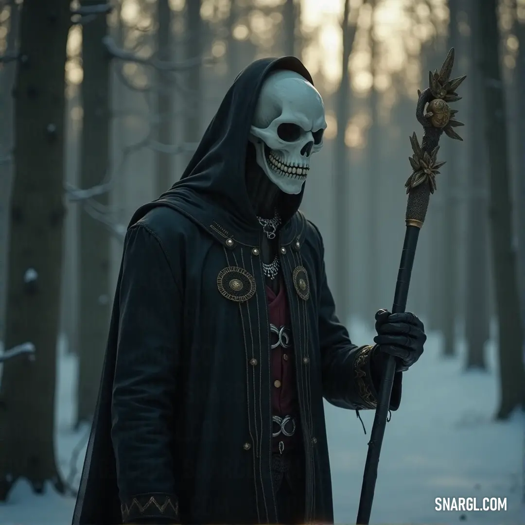 A skeletal figure shrouded in a dark robe wields a stick, standing resolutely in a snow-covered forest, surrounded by ancient trees, where echoes of the past and winter's chill create an atmosphere of eerie beauty.