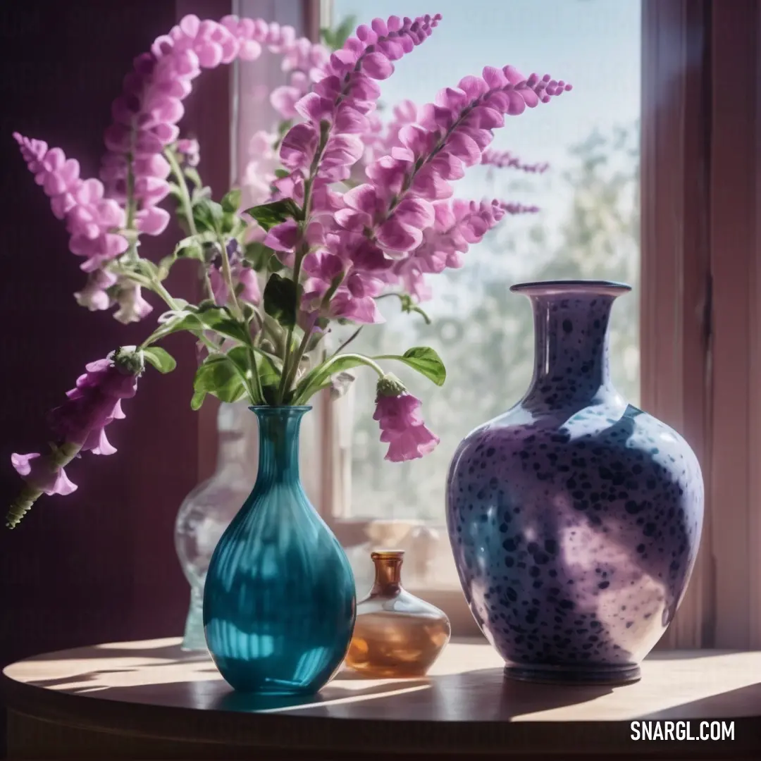 A tranquil table setting with two elegant vases and a blooming flower arrangement sits on a windowsill. The soft RGB 108,170,158 color of the surrounding decor adds to the peaceful, inviting atmosphere.