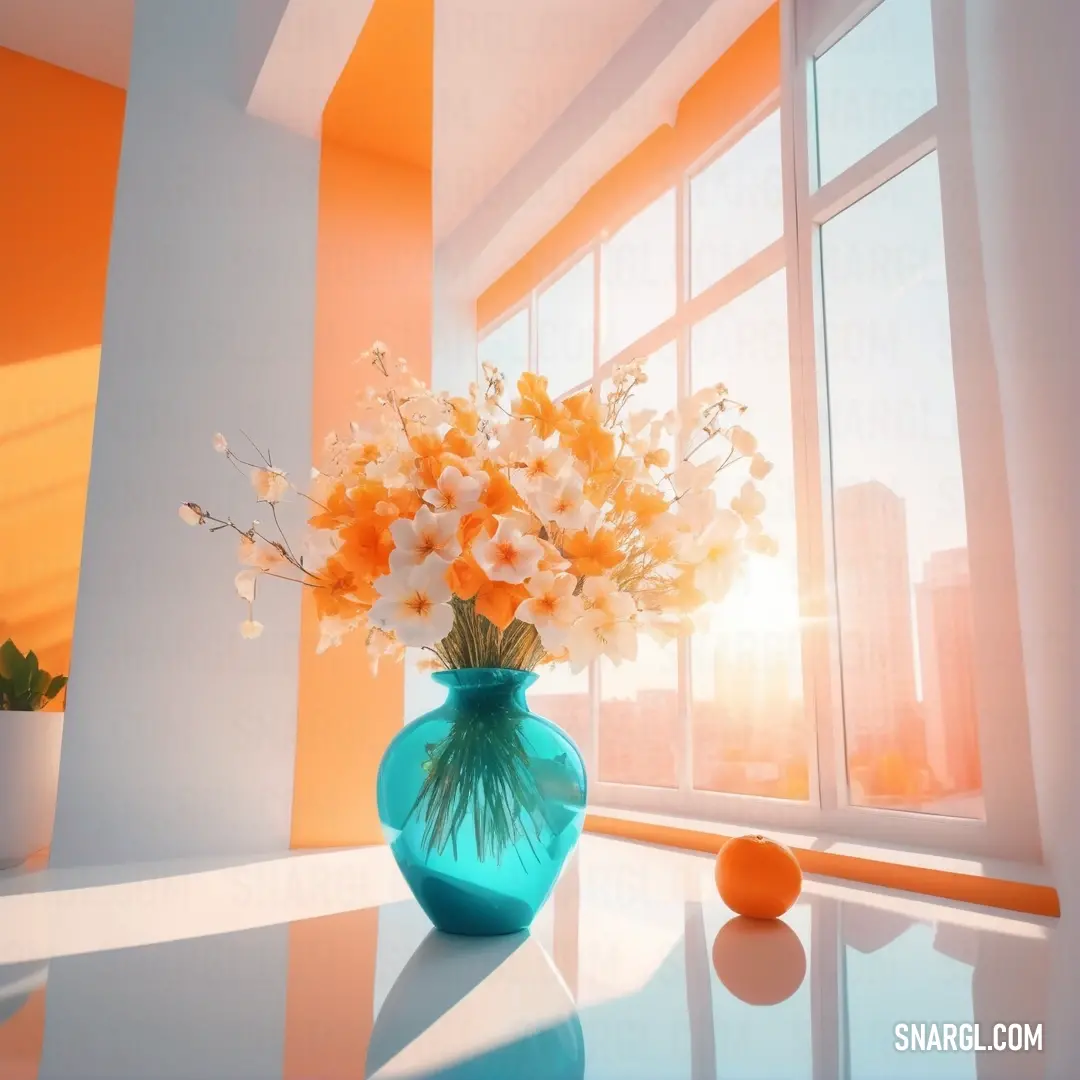 A beautiful vase filled with vibrant flowers sits on a wooden table, bathed in soft natural light streaming through a window. The scene offers a calm, serene atmosphere with subtle shades of green and blue in the surroundings.