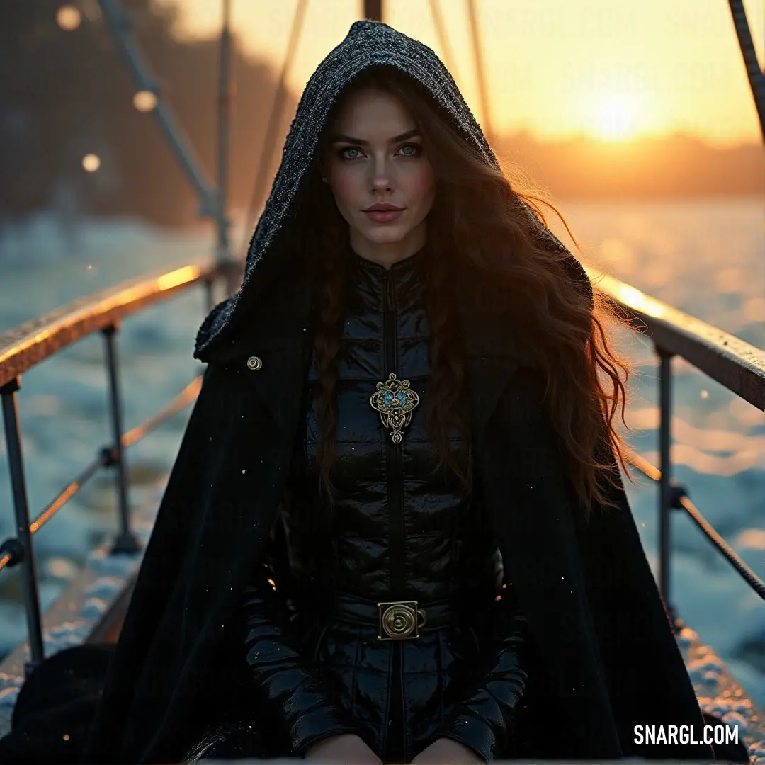 A solitary woman clad in a dark coat sits on a boat, silhouetted against a breathtaking sunset, her hooded figure shrouded in mystery as soft hues of orange and pink dance across the water, creating an ethereal atmosphere.