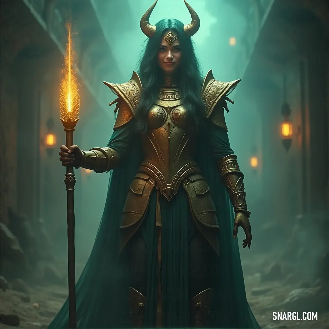 A woman adorned in an elegant green dress garners attention as she confidently holds a torch and flaunts her distinctive green cape, with playful horns accentuating her whimsical and bold personality in a captivating setting.