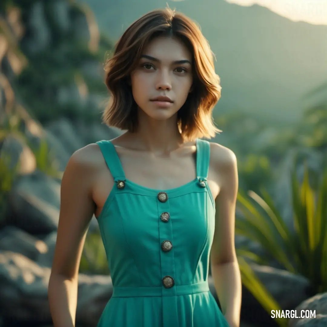 Woman in a green dress standing in front of a mountain range. Color CMYK 93,11,70,40.