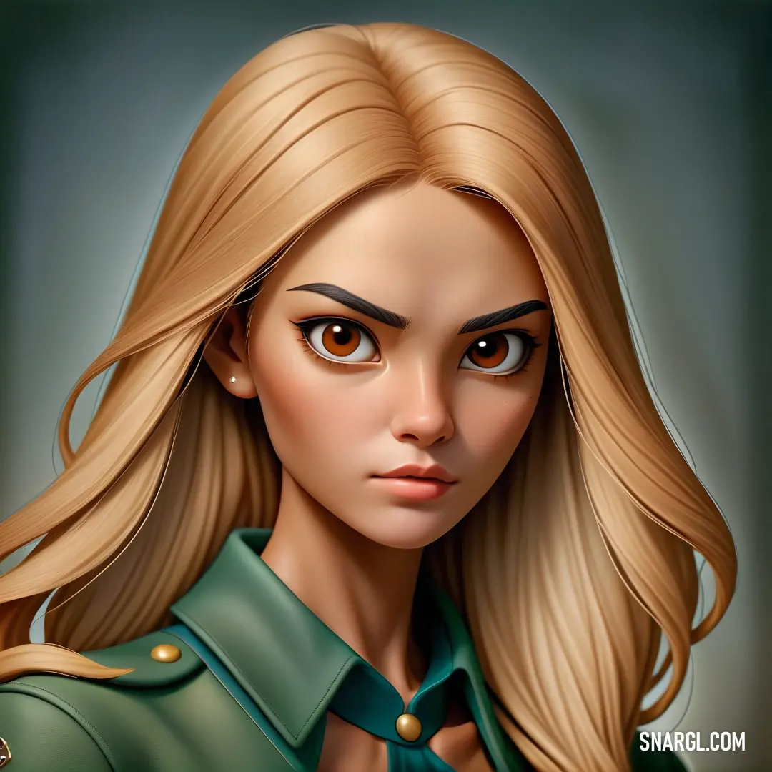 Digital painting of a woman in a military uniform with blonde hair and big eyes. Color RGB 57,92,84.
