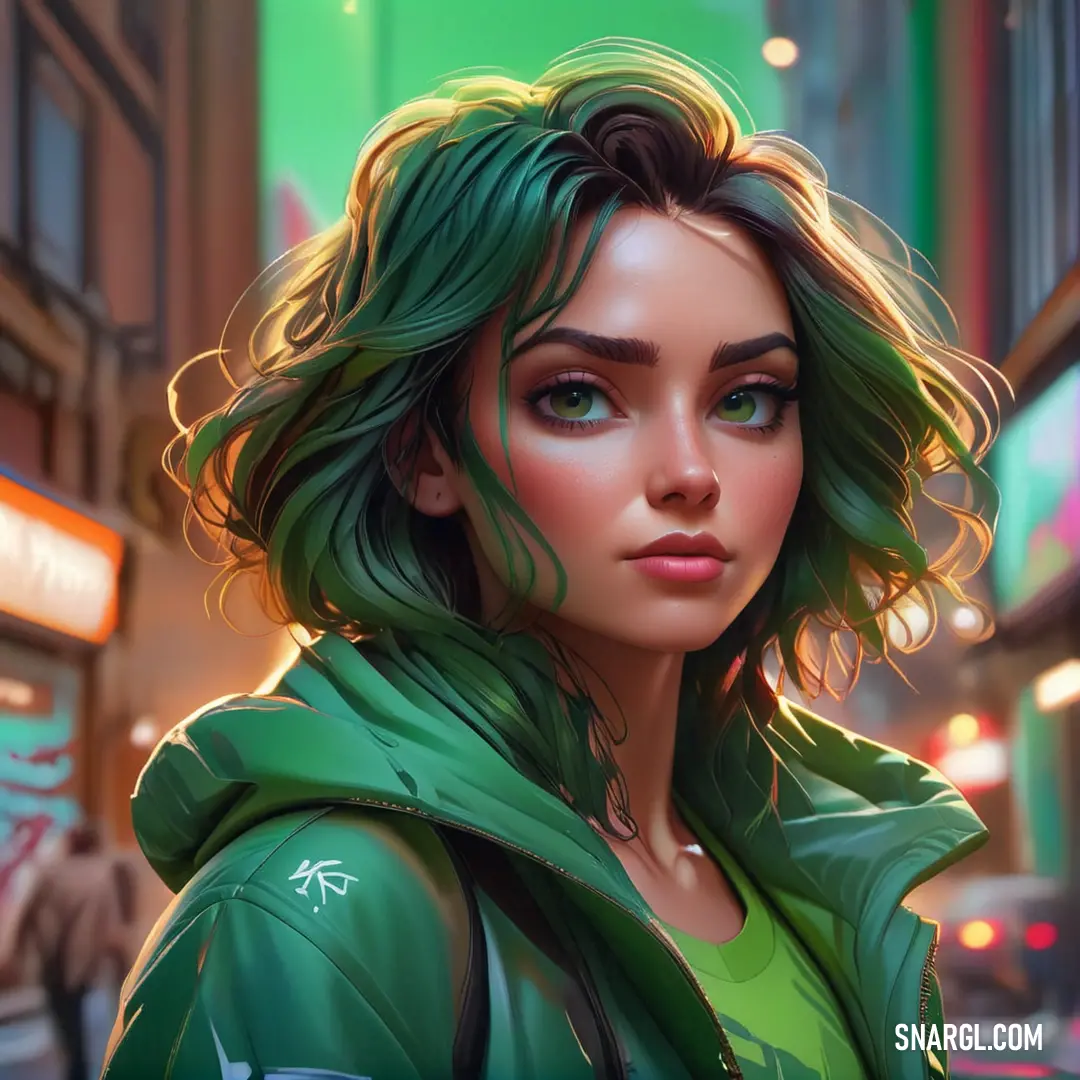 RAL 750-5 color. Woman with green hair and a green jacket on a city street at night with neon lights in the background
