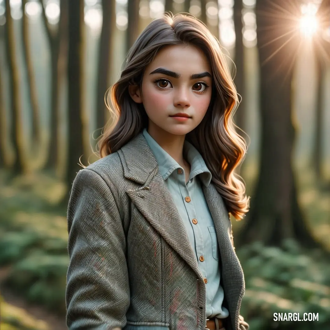 Woman standing in a forest with a light shining on her face and hair in the air. Color RAL 770-2.