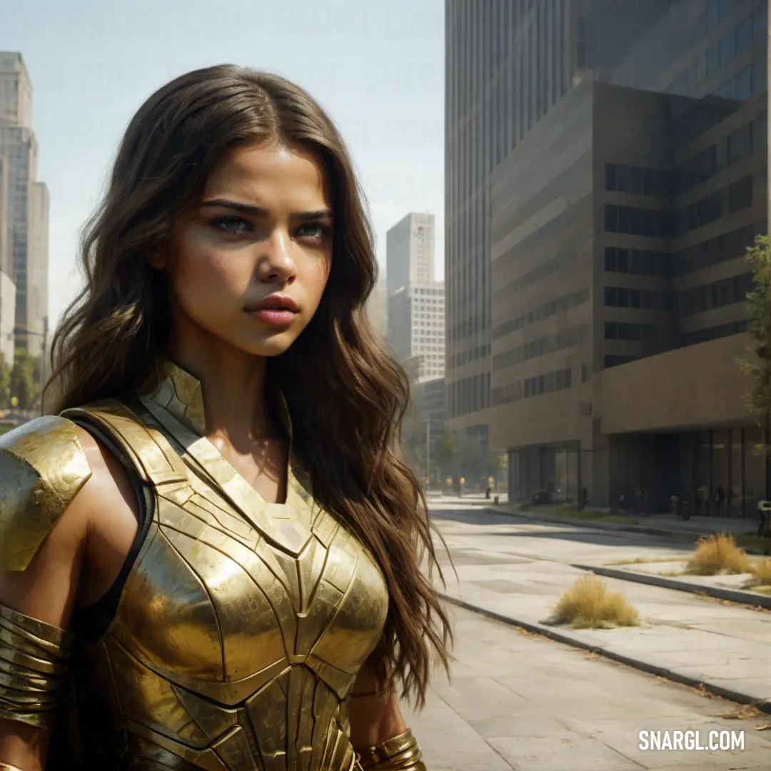 Woman in a gold outfit standing in front of a city street with tall buildings and a sky background. Color #A8B198.