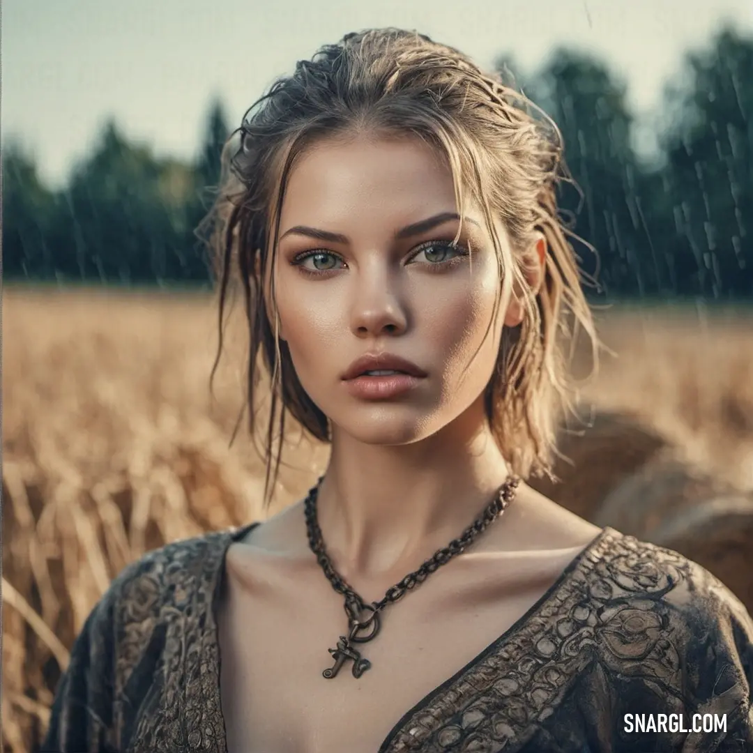 Woman standing in a field of wheat with a cross necklace on her neck and a rain droplet. Color #A8B198.